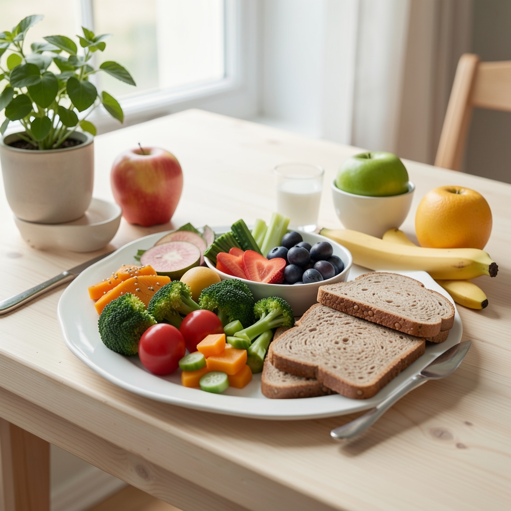 Frische, ausgewogene Mahlzeit mit Obst, Gemüse und Vollkornprodukten auf einem hellen Holztisch, natürliches Tageslicht