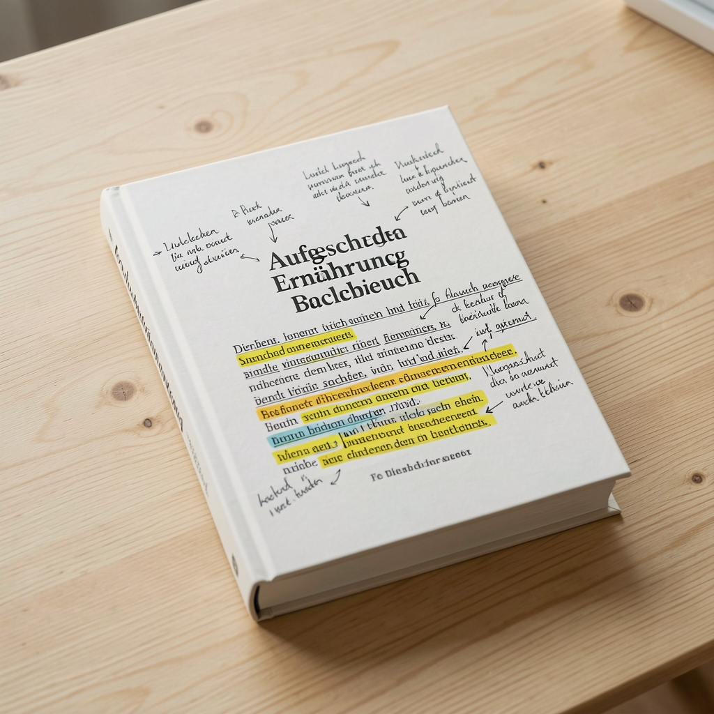 Aufgeschlagenes Ernährungsfachbuch mit handgeschriebenen Randnotizen und markierten Textpassagen auf einem hellen Holzschreibtisch