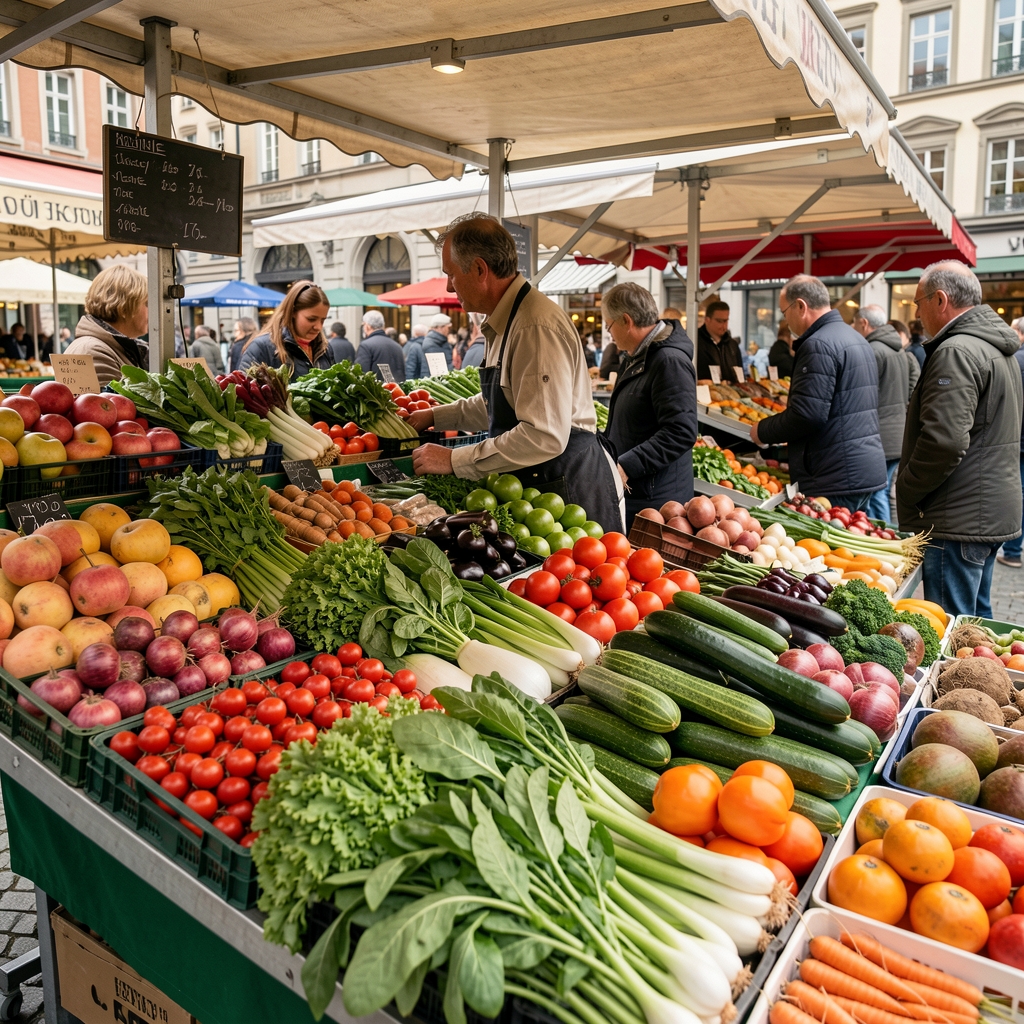 Frische Obst- und Gemüseauswahl auf einem Marktstand in Zürich, lebhafte Farben und natürliches Licht
